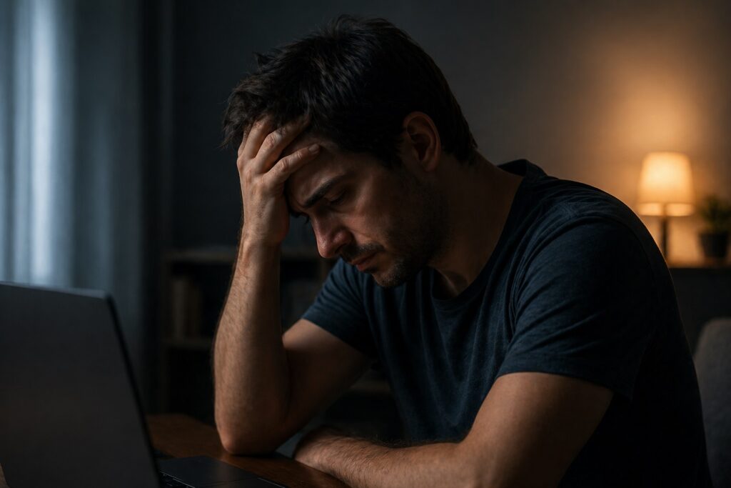 Homem com expressão de sofrimento emocional refletindo sobre como vencer o vício em pornografia