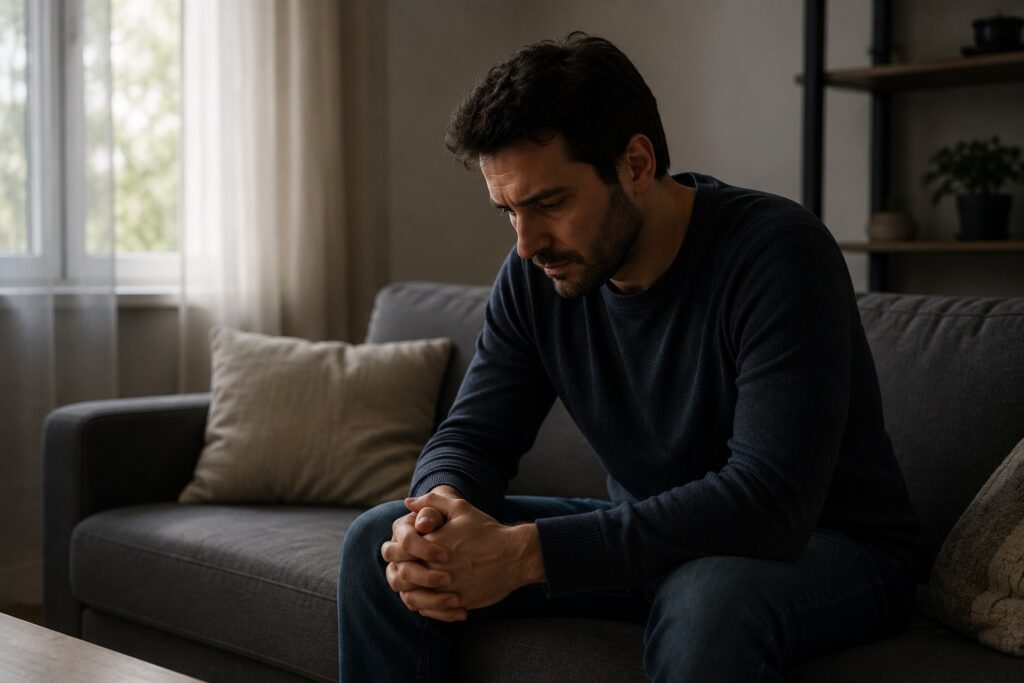 Como vencer o vício em pornografia: homem refletindo sobre conflitos emocionais em momento de introspecção.