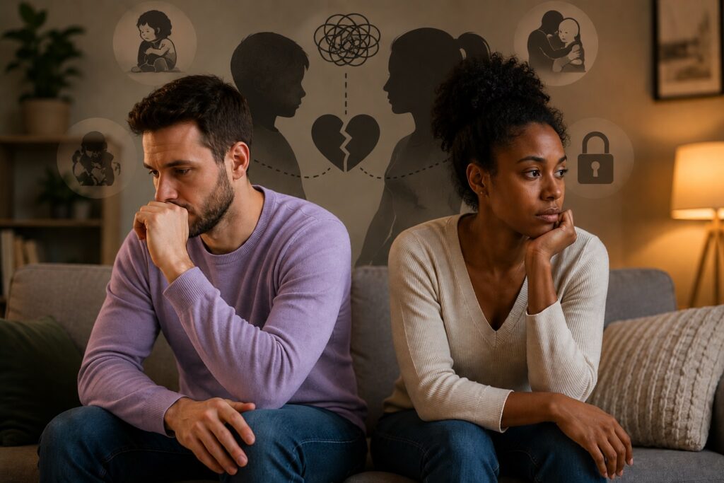 Casal enfrentando dificuldades emocionais associadas a traumas na infância e relacionamentos na vida adulta.