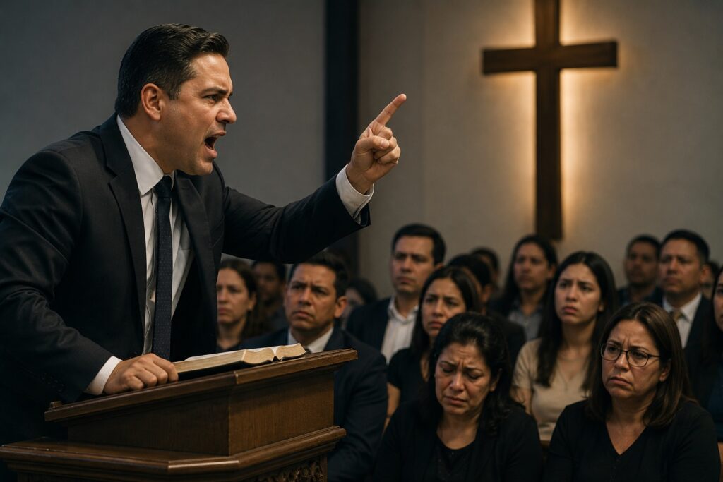 Abuso espiritual: líder religioso usando culpa, medo e controle sobre fiéis durante pregação