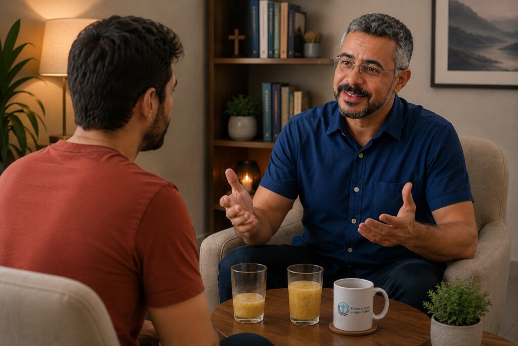 Terapeuta em atendimento acolhedor conversando sobre os efeitos da pornografia no cérebro e o processo de recuperação emocional