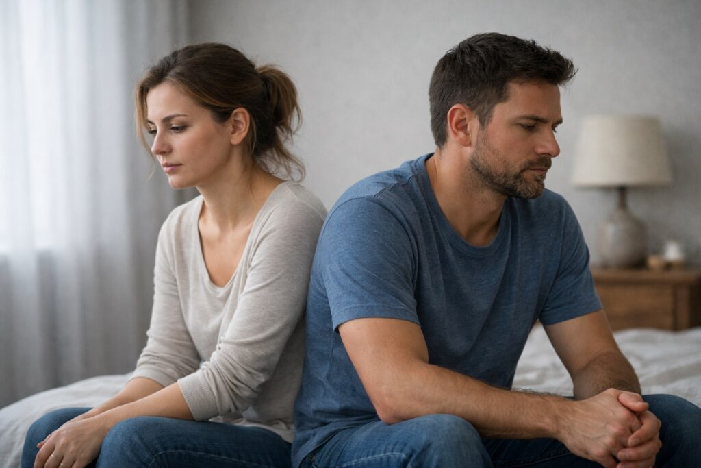 Casal emocionalmente distante representando os impactos da baixa autoestima e sexualidade nos relacionamentos afetivos.
