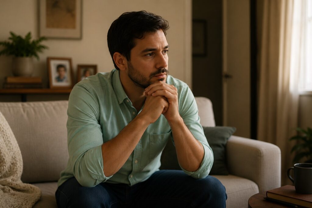 Homem refletindo sobre experiências emocionais antigas que podem estar entre as causas do vício em pornografia e da repetição de comportamentos compulsivos