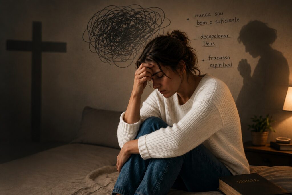 Mulher em reflexão demonstrando sofrimento emocional relacionado à culpa espiritual e ao medo constante de falhar com Deus.