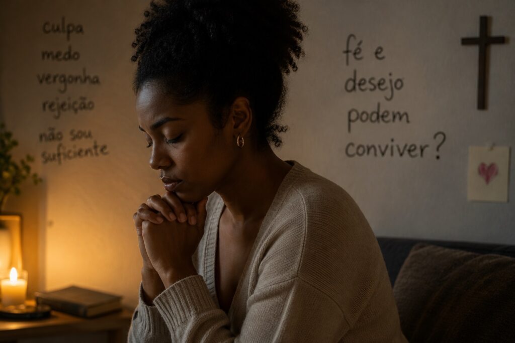 Mulher refletindo sobre culpa religiosa e sexualidade em um momento de conflito emocional entre fé, desejo e identidade emocional.