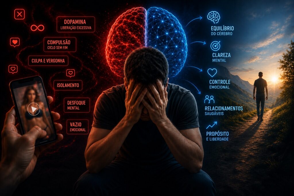 Ilustração sobre os efeitos da pornografia no cérebro mostrando compulsão, dopamina, isolamento emocional e busca por equilíbrio mental e liberdade emocional.
