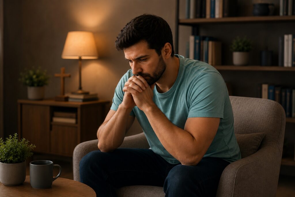 Homem refletindo sobre os efeitos da pornografia no cérebro e sua relação com emoções difíceis