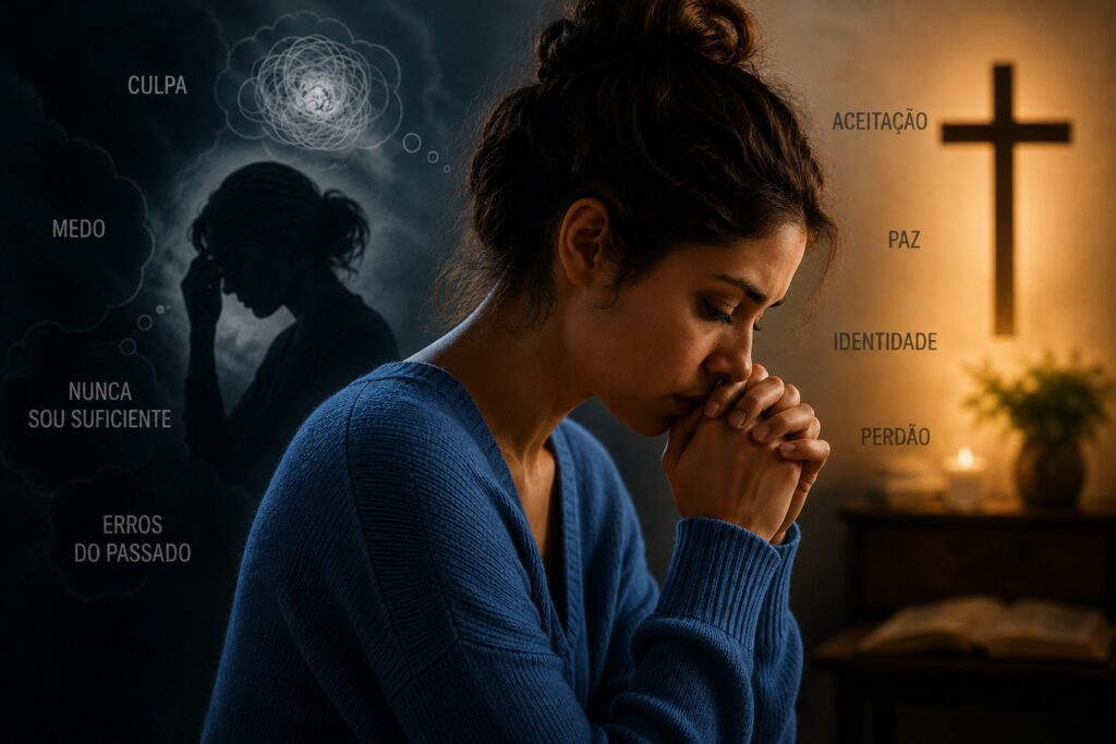 Fé e conflitos internos: mulher em sofrimento emocional refletindo sobre culpa, espiritualidade, identidade emocional e autocobrança.