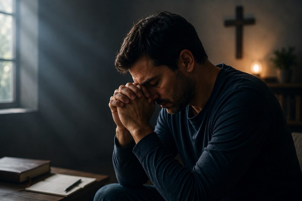 Homem refletindo em oração enquanto enfrenta medo de punição divina e ansiedade relacionada à espiritualidade.