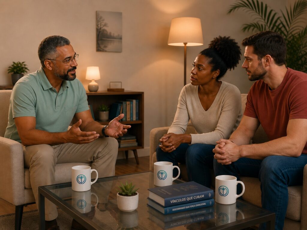 Psicanalista conversando de forma acolhedora com um casal em uma sessão terapêutica sobre relacionamentos, emoções e os impactos das experiências da infância na vida adulta