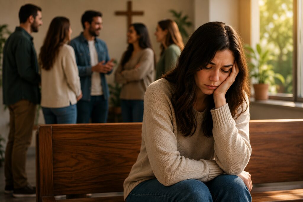 Mulher sentada sozinha em ambiente religioso enquanto outras pessoas conversam ao fundo, representando a rejeição religiosa e suas consequências emocionais