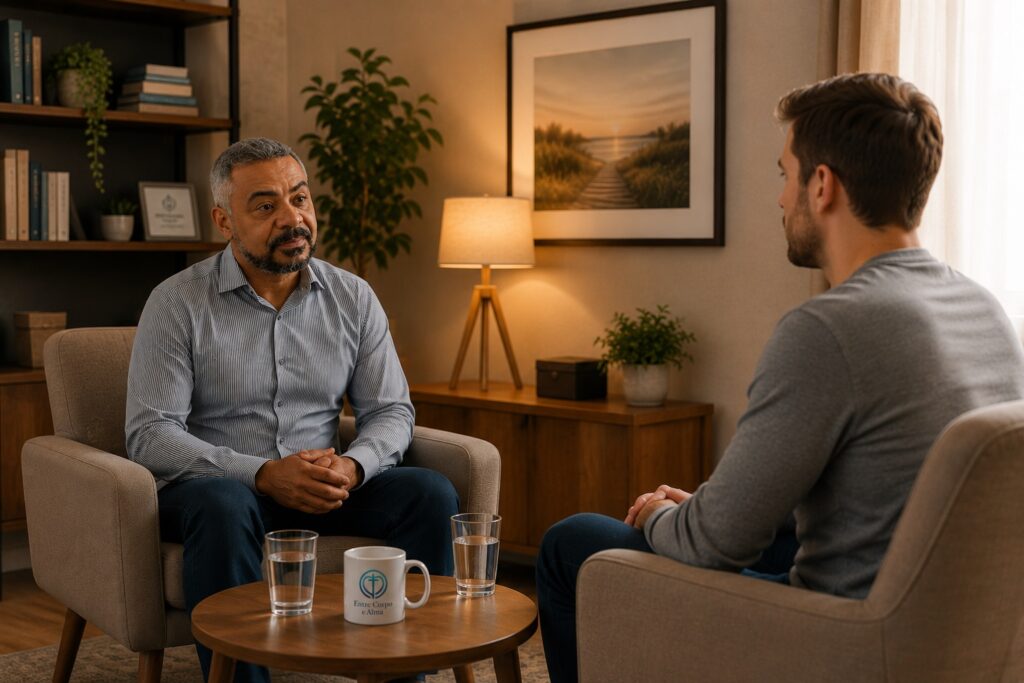 Homem conversando com psicanalista em ambiente acolhedor enquanto busca compreender os fatores emocionais por trás do comportamento compulsivo