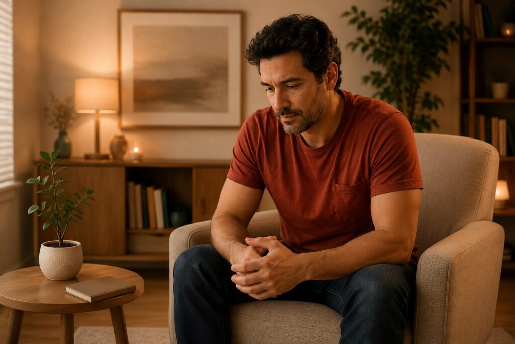 Homem refletindo sobre experiências emocionais, autoestima, relacionamentos e reconstrução da vida afetiva