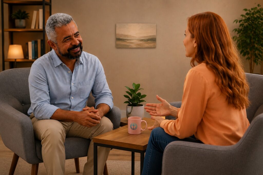 Terapeuta em sessão de acolhimento emocional conversando com uma mulher sobre relacionamentos, autoestima, traumas e sexualidade