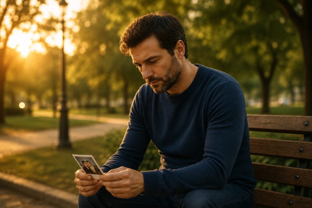 Homem adulto sentado sozinho em um banco de praça, observando uma fotografia antiga e refletindo sobre experiências do passado e seu impacto emocional
