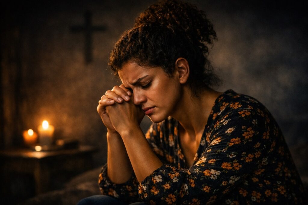 Mulher em oração lidando com impactos emocionais associados a traumas religiosos