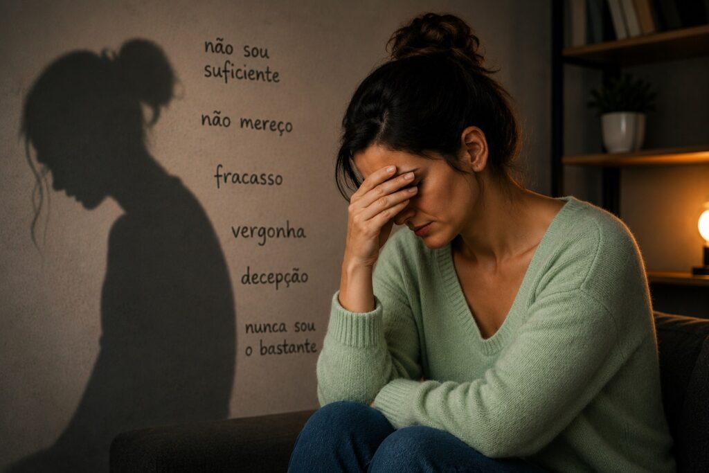 Ilustração representando a vergonha espiritual, com mulher em atitude reflexiva diante de sentimentos de culpa, inadequação e conflito na vivência da fé.
