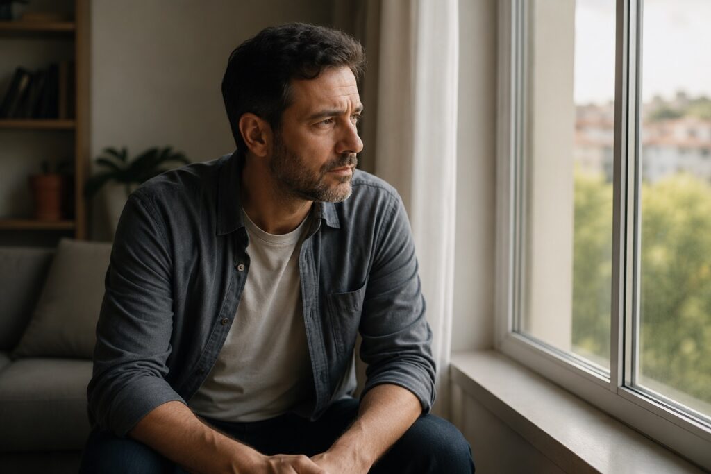 Homem refletindo sobre sinais de trauma religioso e impactos emocionais de experiências religiosas dolorosas.