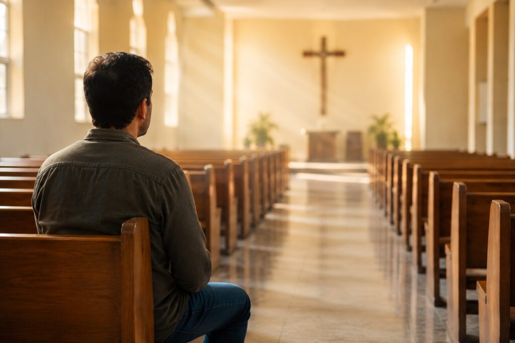 Homem sentado em um banco da igreja refletindo sobre a aprovação religiosa e encontrando liberdade pela graça de Deus.