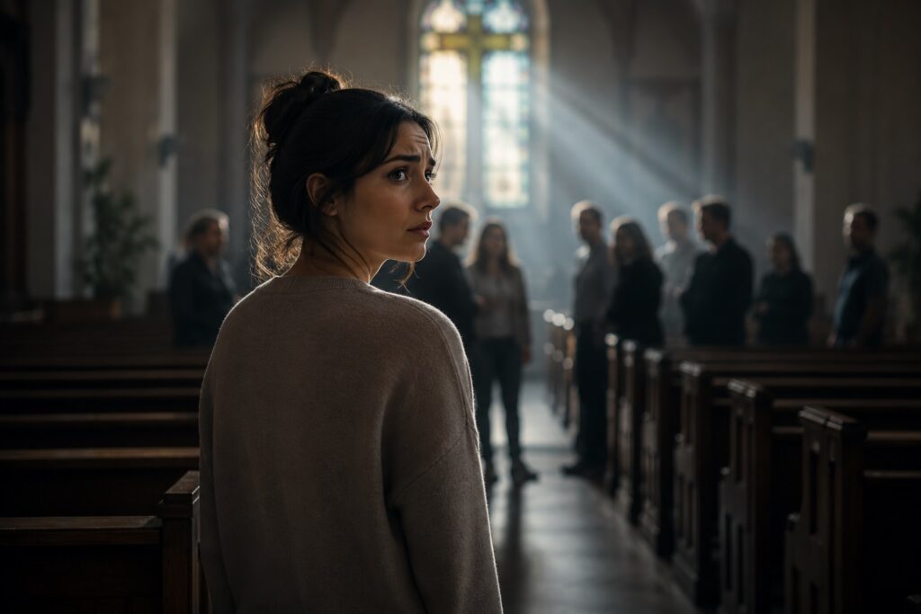 Mulher em uma igreja vivendo o conflito da aprovação religiosa, com medo do julgamento e da rejeição da comunidade de fé.