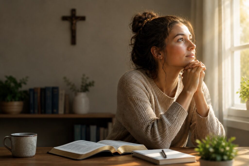 Mulher refletindo sobre como recuperar a fé após trauma religioso em um ambiente acolhedor e iluminado