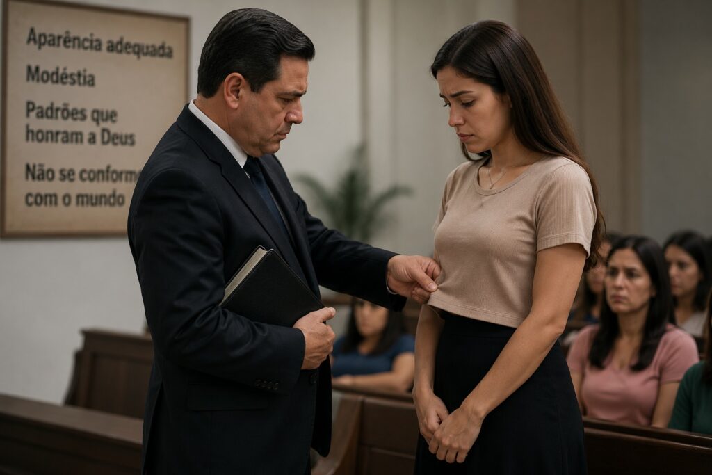 Líder religioso avaliando a vestimenta de uma mulher como exemplo de controle religioso excessivo e restrição da liberdade pessoal