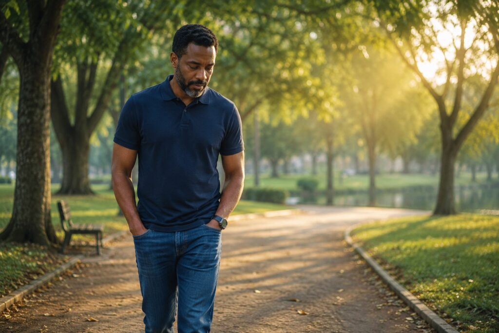  Homem caminhando sozinho, com expressão contemplativa, representando a dúvida espiritual e o processo de reflexão sobre a própria fé.