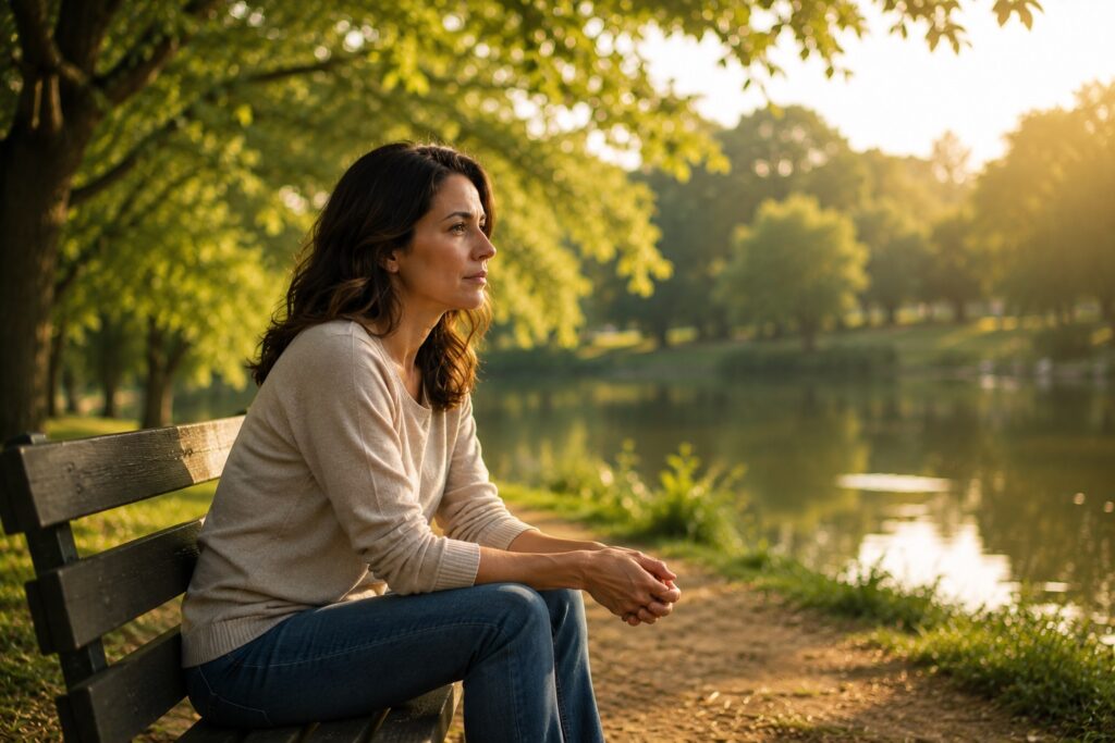 Mulher sentada em um banco de parque, olhando para um lago com expressão contemplativa, representando a dúvida espiritual e o processo de reflexão sobre a própria fé.