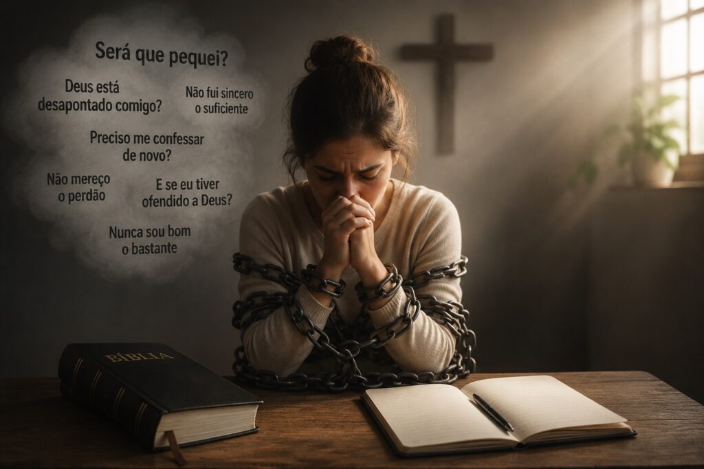 Pessoa em oração demonstrando sofrimento emocional causado pelo escrúpulo religioso e pelo medo constante de pecar