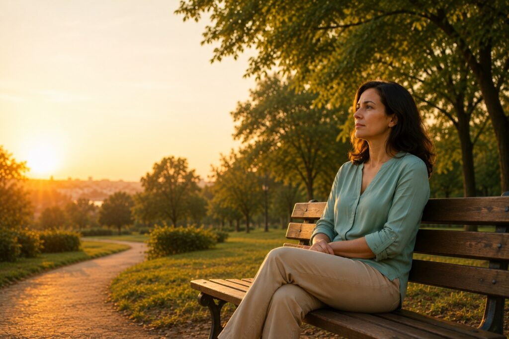 Mulher contemplando o horizonte em um parque, representando a relação entre fé e ansiedade e a busca por paz interior