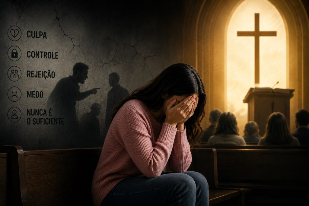 Mulher sentada em um banco de igreja com expressão de sofrimento emocional, representando os impactos de uma igreja tóxica marcados por culpa, medo, rejeição e controle religioso