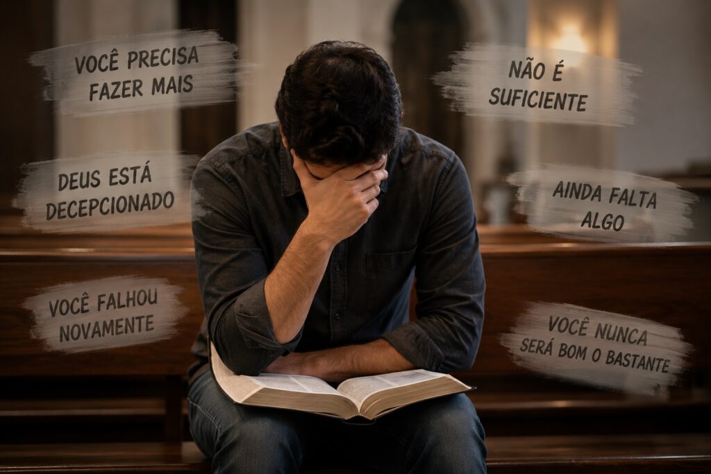 Homem em banco de igreja refletindo sobre culpa e autocobrança associadas ao legalismo religioso.