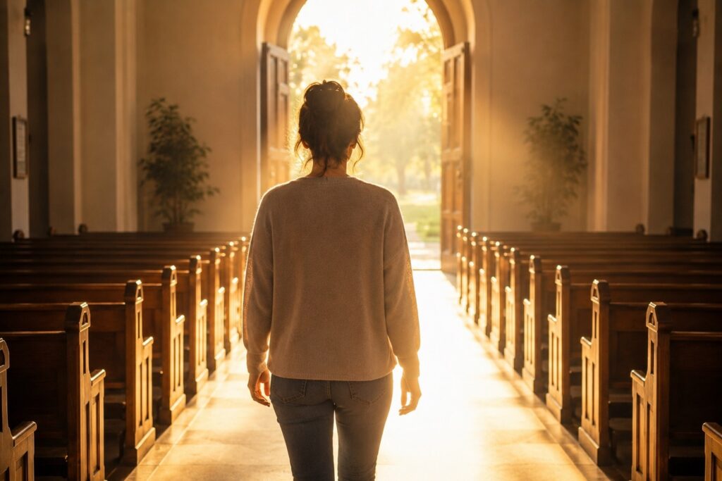 Mulher caminhando em direção à saída da igreja após superar a necessidade de aprovação religiosa e encontrar liberdade na graça de Deus.