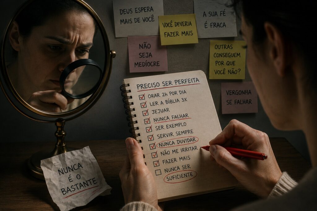 Mulher observando uma lista de exigências espirituais enquanto demonstra preocupação e autocobrança, representando o perfeccionismo religioso e a sensação de nunca ser suficiente