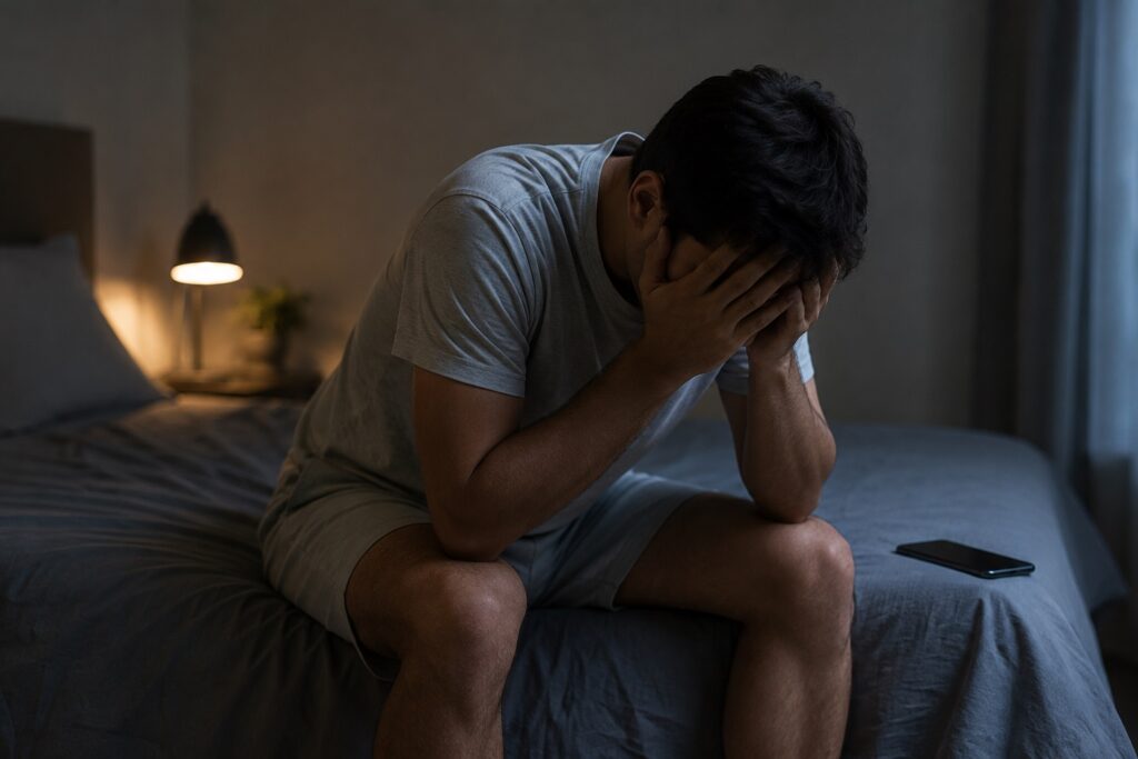 Homem sentado na cama em sofrimento emocional, ilustrando como pornografia e ansiedade podem se relacionar na tentativa de aliviar emoções difíceis.