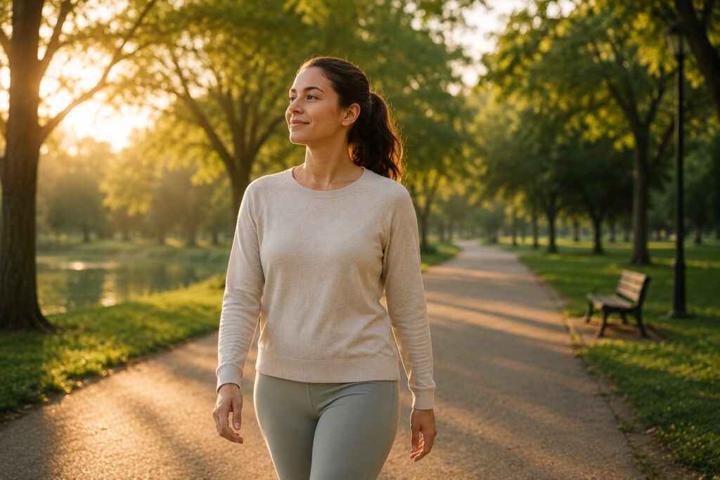 Mulher caminhando por um parque ao amanhecer, com expressão serena, representando o caminho de superação da culpa, do autoconhecimento e da liberdade emocional.