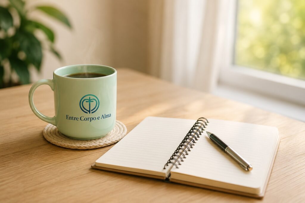 Caneca sobre uma mesa de madeira, ao lado de um caderno aberto e uma caneta, em ambiente iluminado por luz natural, simbolizando reflexão e autoconhecimento.