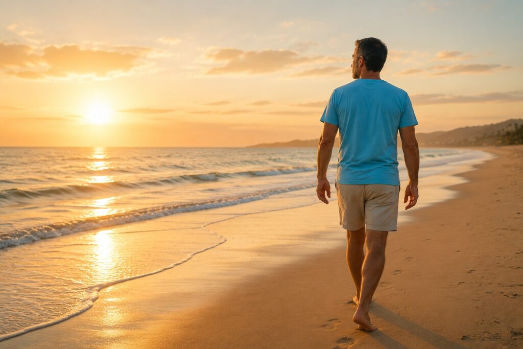 Homem caminhando pela praia ao amanhecer, representando reconstrução emocional, esperança e superação do trauma religioso