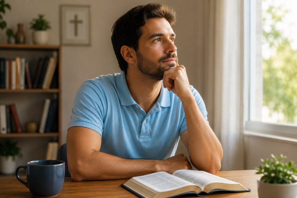 Homem refletindo sobre como recuperar a fé após trauma religioso em um ambiente acolhedor