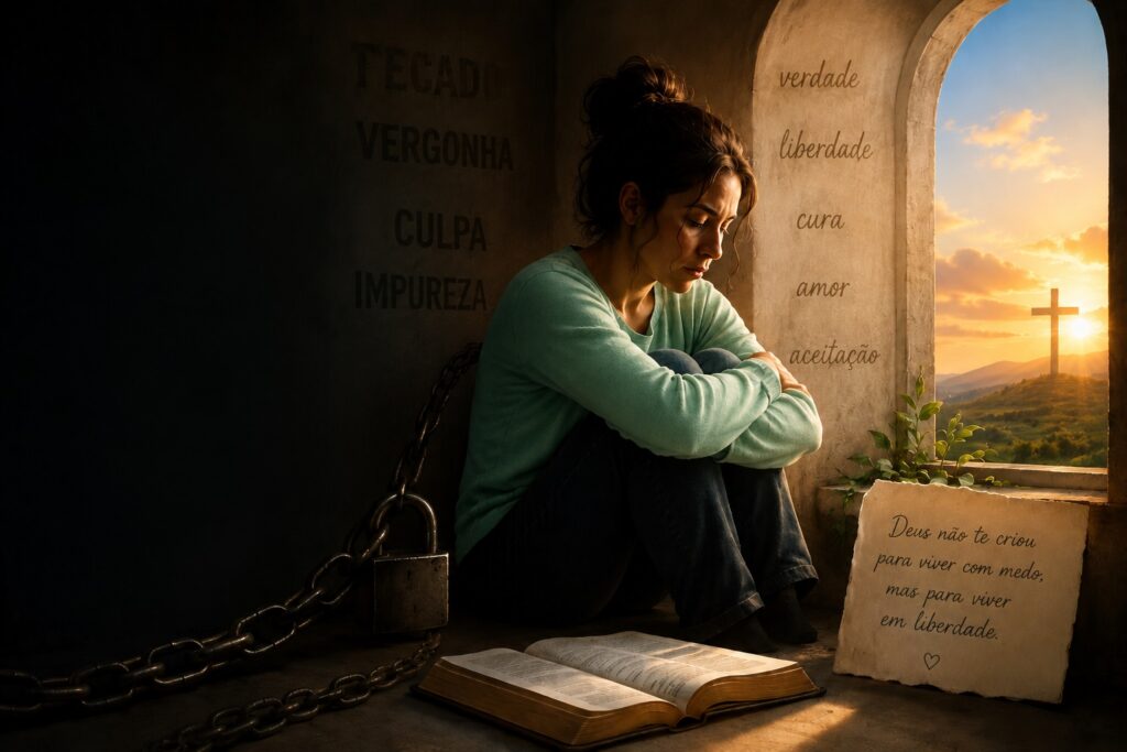 Mulher refletindo sobre repressão sexual religiosa, culpa, vergonha e conflitos entre fé e sexualidade.