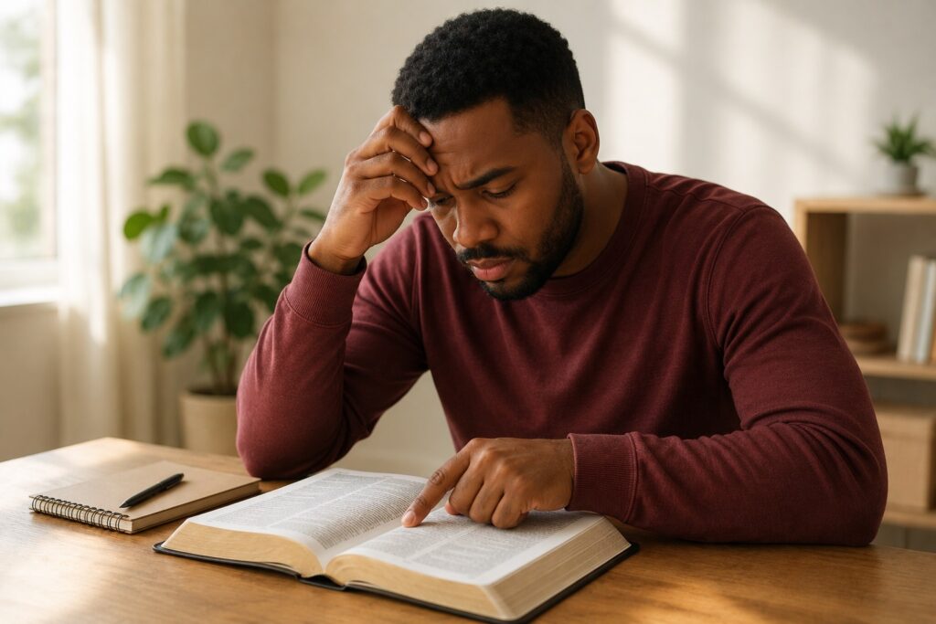 Homem lendo uma Bíblia aberta com expressão de preocupação e reflexão, representando o TOC religioso e os pensamentos obsessivos relacionados à vivência da fé
