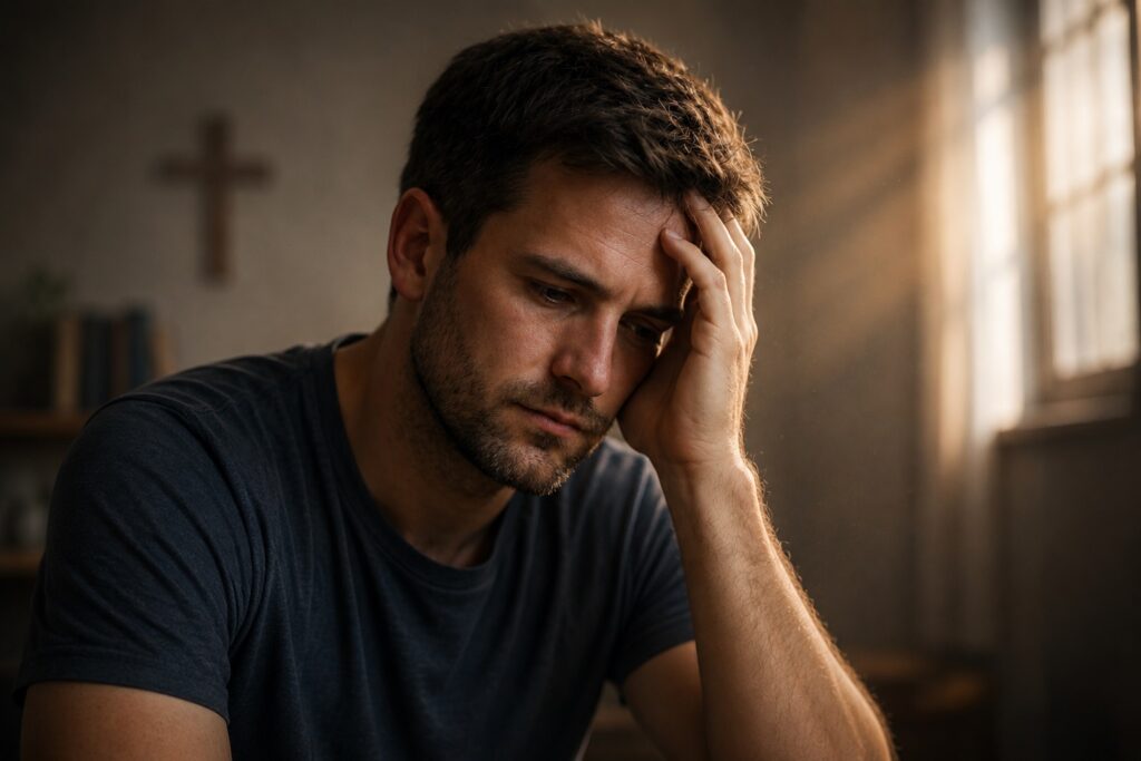 Trauma religioso e autoestima: homem refletindo sobre sentimentos de culpa, inadequação e autocrítica relacionados a experiências religiosas dolorosas