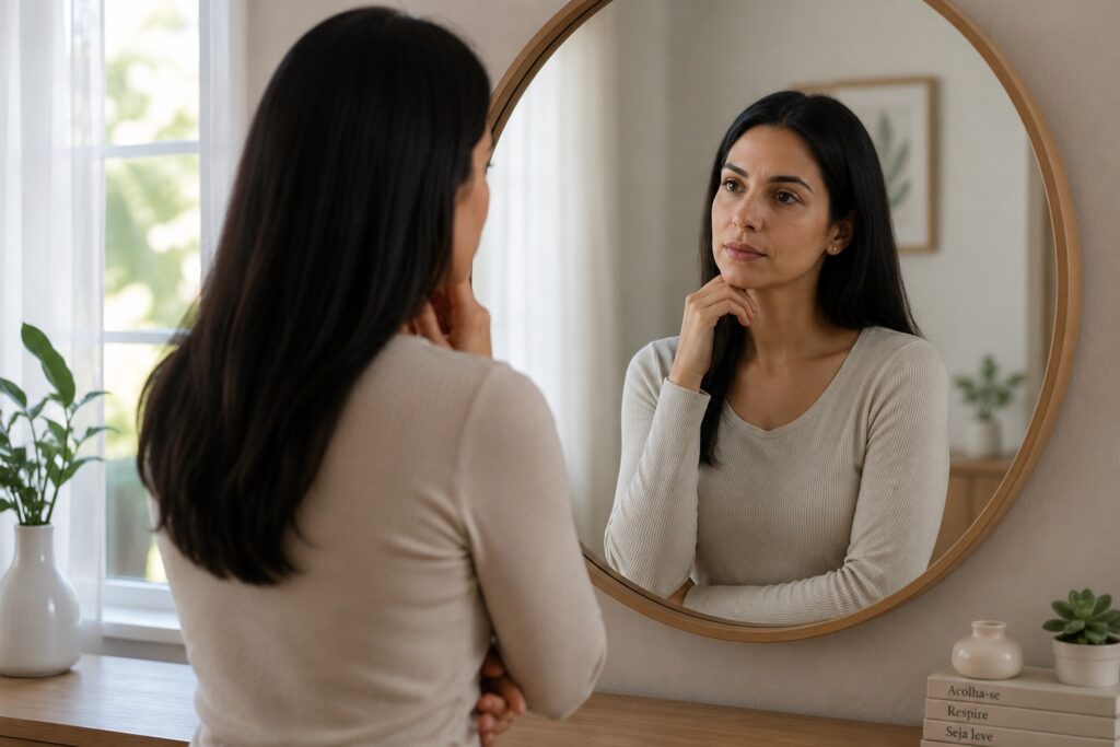 Mulher olhando para o próprio reflexo no espelho, ilustrando a relação entre carência emocional e sexualidade.