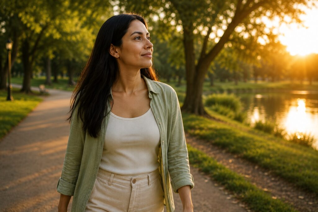 Mulher caminhando em um parque ao pôr do sol, representando a transformação na relação entre carência emocional e sexualidade.