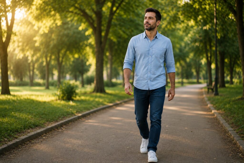 Homem caminhando em um parque arborizado, representando a reconstrução da autoestima e a possibilidade de mudança após compreender a relação entre pornografia e autoestima.