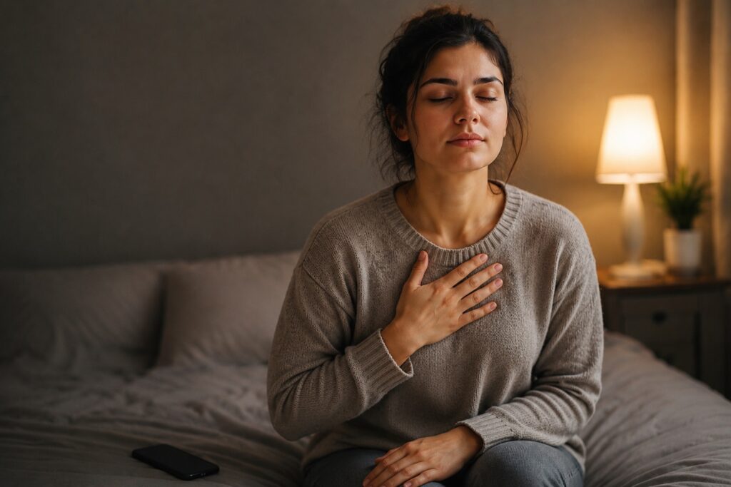 Mulher respirando profundamente para interromper o impulso e compreender os gatilhos emocionais da recaída na pornografia.