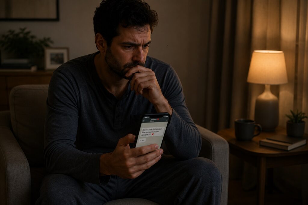 Homem olhando para o celular e hesitando em responder uma mensagem, representando medo de intimidade e afastamento emocional.