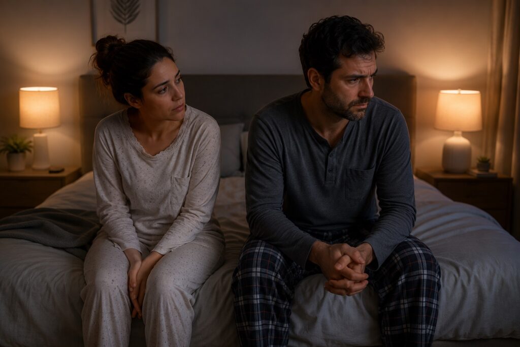 Casal sentado na cama demonstrando distância emocional e medo de intimidade no relacionamento.