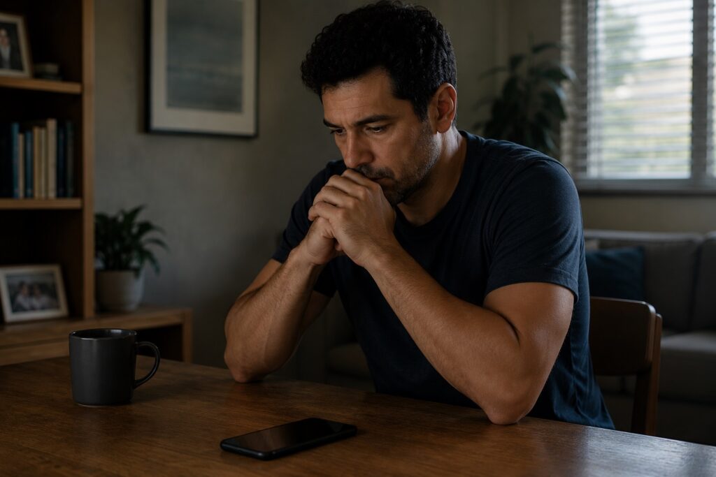 Homem sentado à mesa em momento de reflexão, representando pornografia como fuga emocional e vergonha.