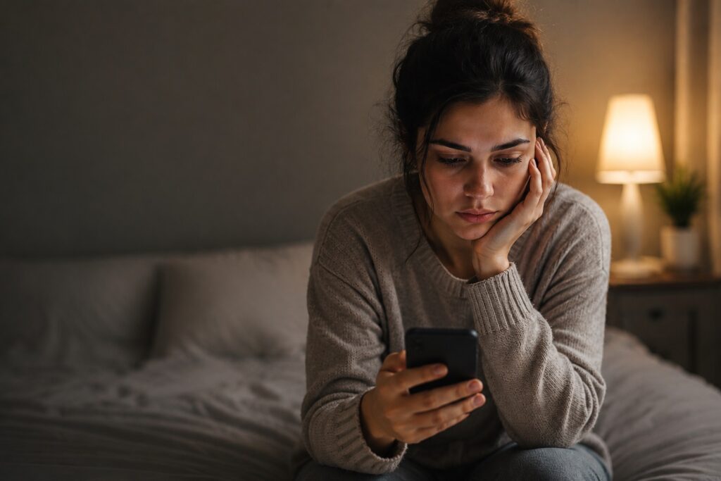 Mulher refletindo sobre a recaída na pornografia enquanto segura um celular, representando sofrimento emocional e busca por mudança.